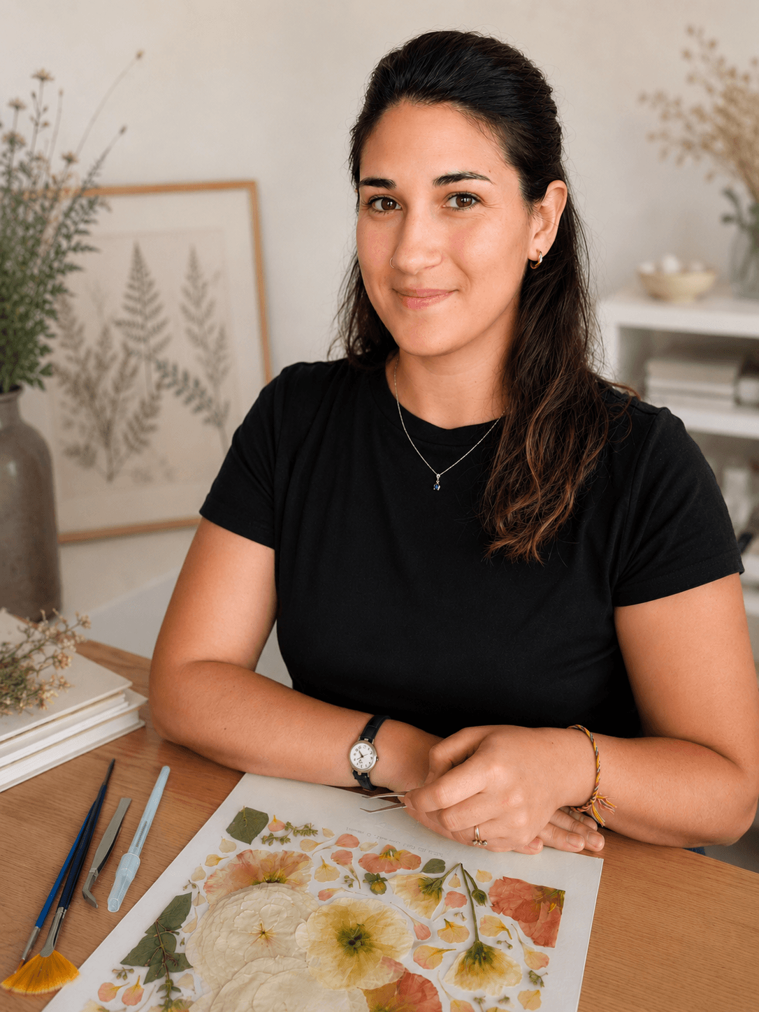 Beatriz, créatrice florale, dans son atelier